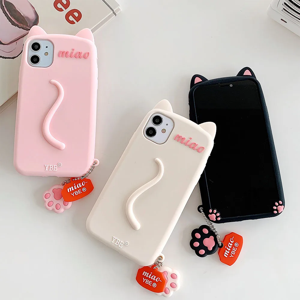 Cartoon Animal Cat Creative Phone Case For iPhone 15 14 13 12 11 Pro Max XR XS X 8 7 6 Plus SE Soft Silicone Cover With Pendant