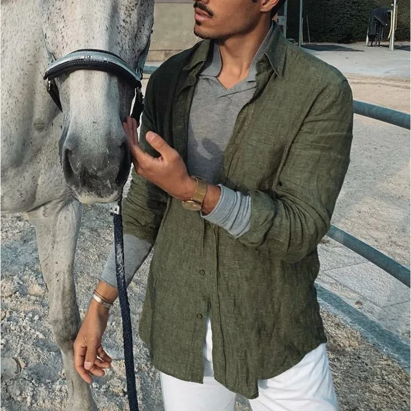 Camisa Superfina de algodón para hombre, camisa de manga larga con botones y cuello vuelto, color verde, transpirable, a la moda, para playa, Verano