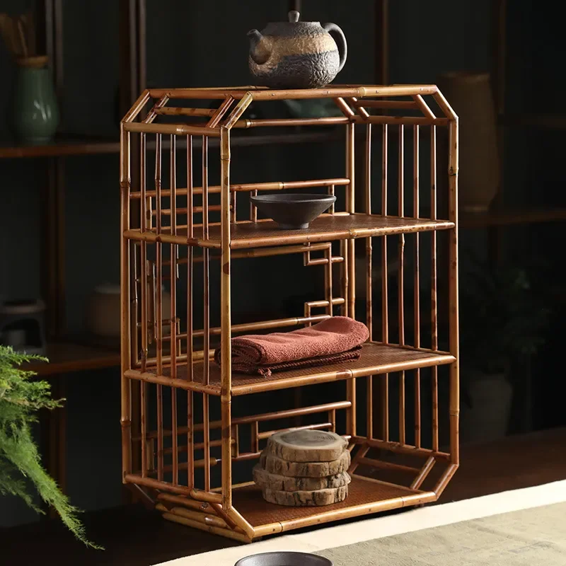 Vintage Bamboo Tea Cabinet Storage Rack for Cup Set Display Shelf Handicrafts Organizer Old Material Bogu Stand Home Decor