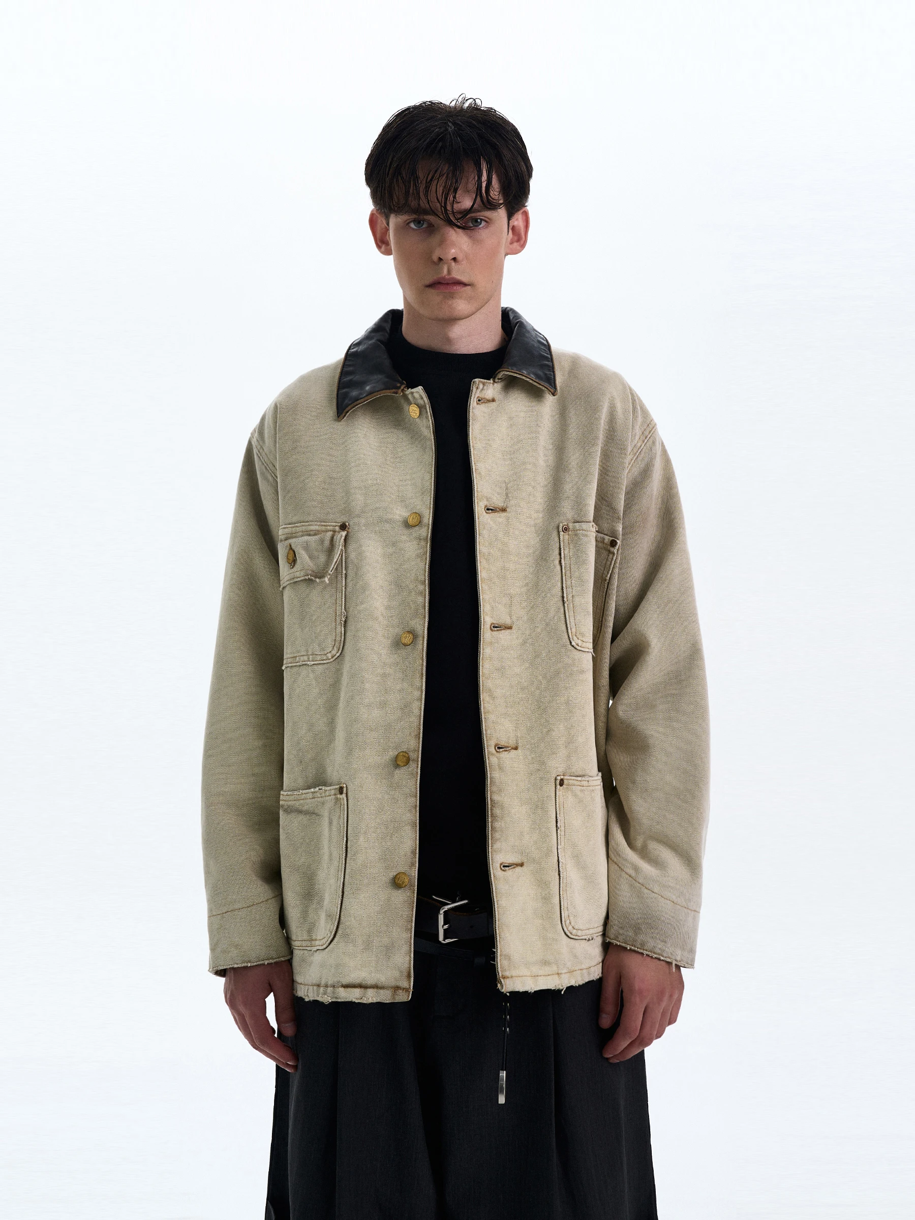 

MADWITCH Vintage Barn Jaet Men's Loose Leather Collar Coat American Sle Long Sve Stand Fit Youth Trend Spring 2025