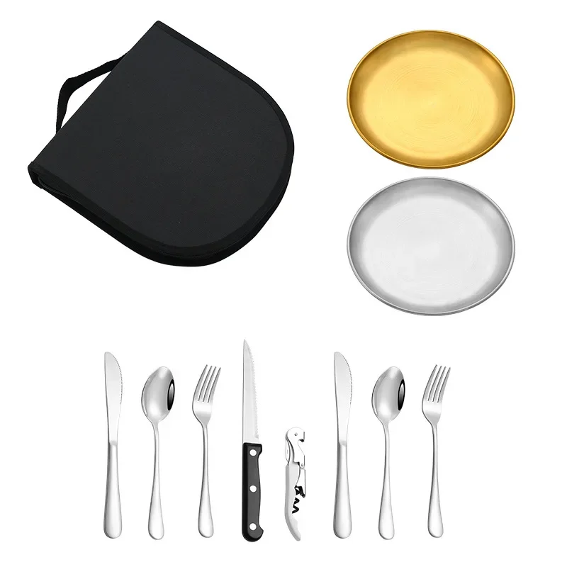 Camping Tableware Set Stainless Steel Picnic Cutlery Steak Knife Cutlery Set Picnic Cloth Plate Kit Portable Camping Cutlery Set