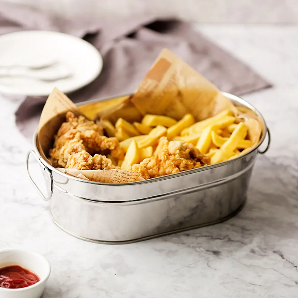 

2 Pcs Seafood Plate Buckets Large Capacity Stainless Steel Containers Double Handle Ice Barrels Dining Table Snacks Bucket Fried