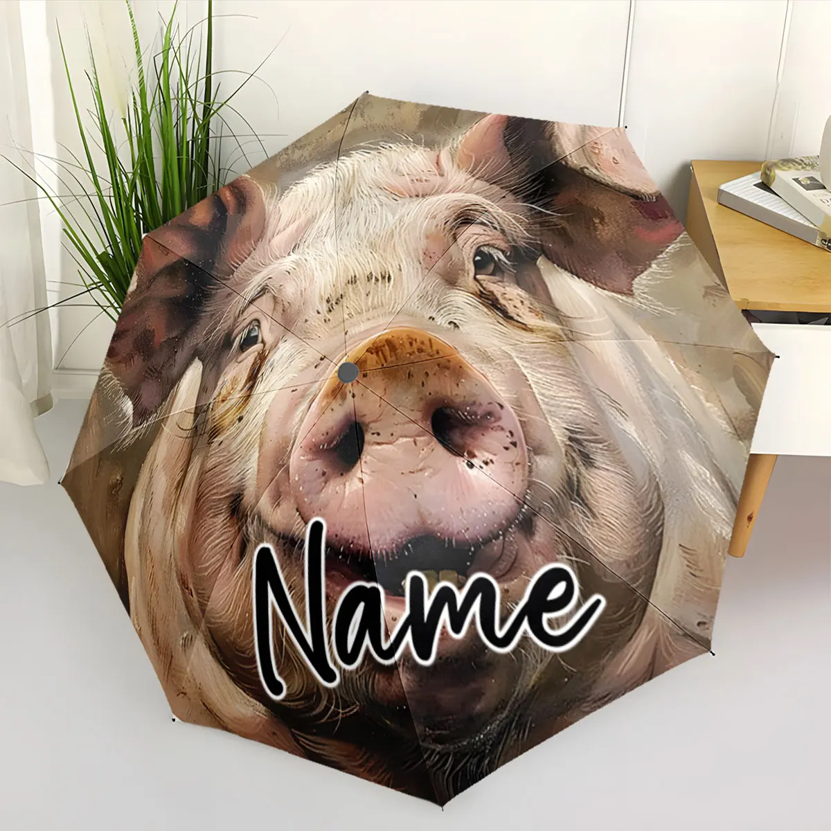 Custom Name Funny Pig Design Umbrella for a Rainy Day Print 8 Iron Ribs Folding Umbrella Auto-Open Fashion Sunshade