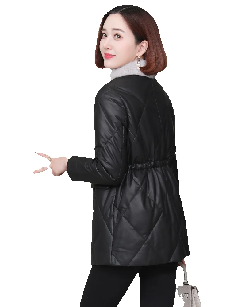 Jaket kulit asli untuk wanita, jaket kulit asli wanita, jaket bulu cerpelai kerah persegi Slim Fit bergaya