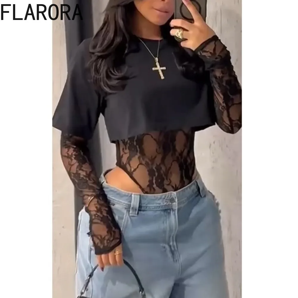 

FLARORA Sexy Lace Bodysuit T-Shirt Two Piece Sets Woman Lace Jacquard Full Sleeve Bodysuits And Crop Tops Trend Y2K Streetwear