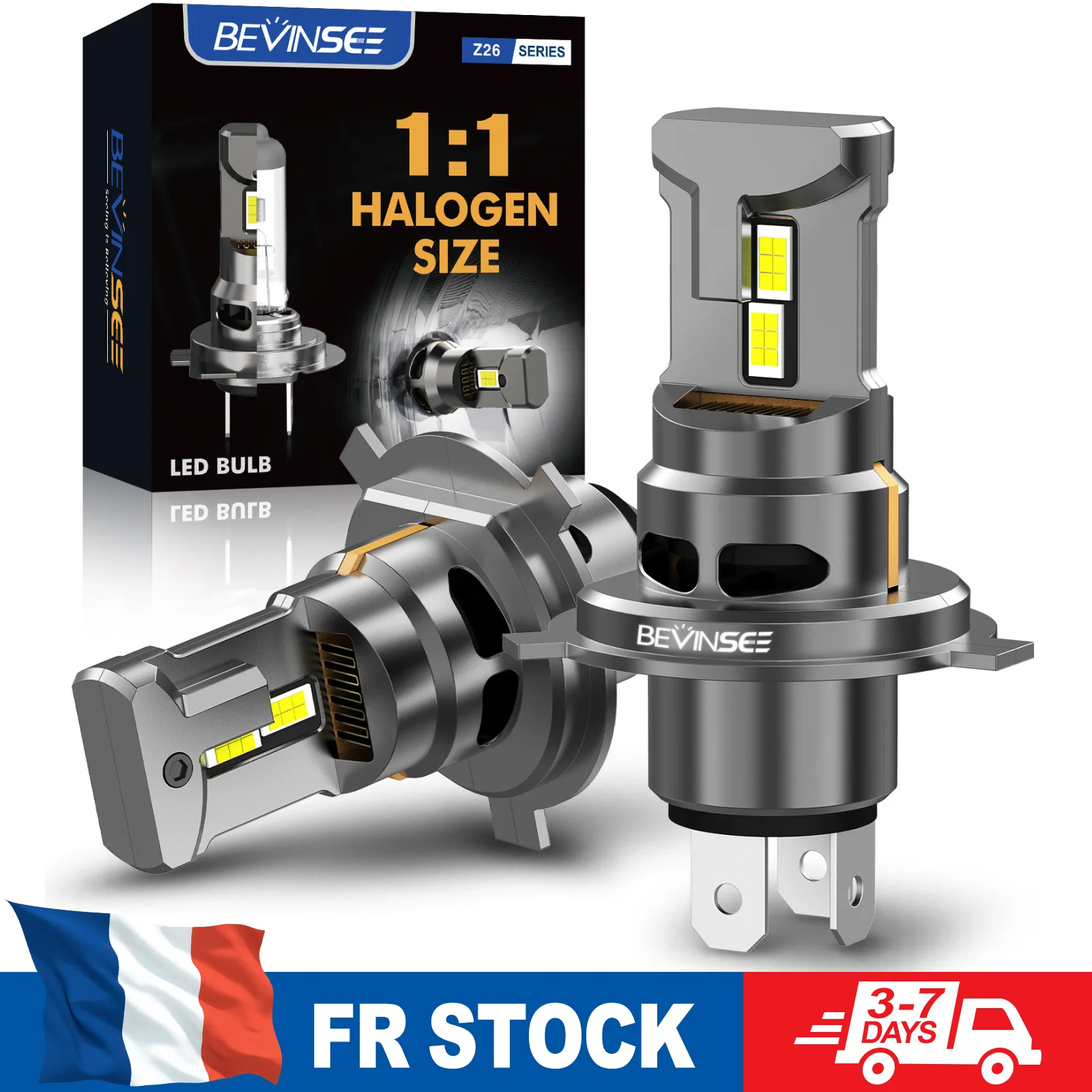 BEVINSEE H4 LED CANBUS Scheinwerferlampen H4 Fern- & Abblendlicht Hochleistungs-LED-Autolichter Turbofan 1:1 Halogen-Größe 6000K 12V Plug&Play