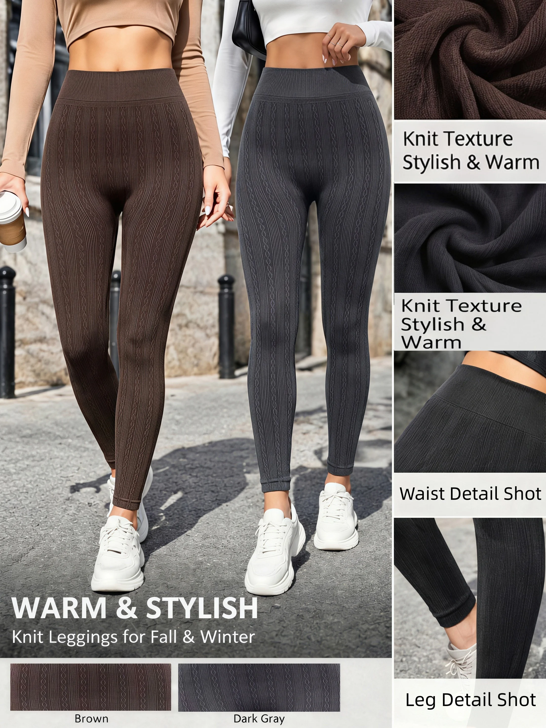 2-Pack Cable Knit High Waist Warm Leggings Stretch Textured Slim Pants for Autumn Winter Street Styleand Daily Casual Wear