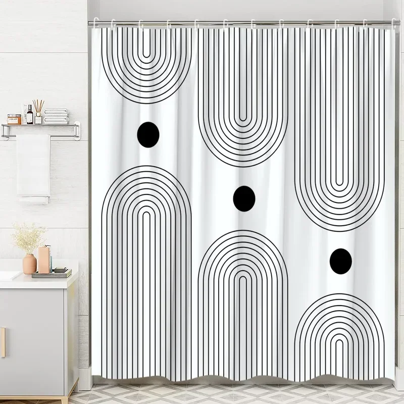 Mid Century Geometric Shower Curtain Modern Minimalist Arched Creative Line Stripe Black White Polyester Fabric Bathroom Decor