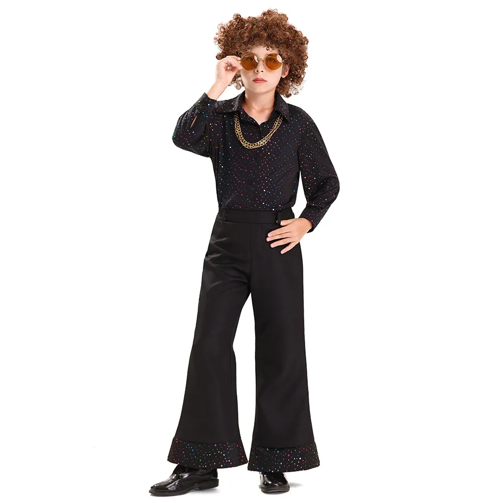 

Disco Costume Children 1970s Boys Cosplay Hip-hop Shirt with Long Trumpet Pants and Wig Shiny Disco Dance Outfits Hippie S-XL