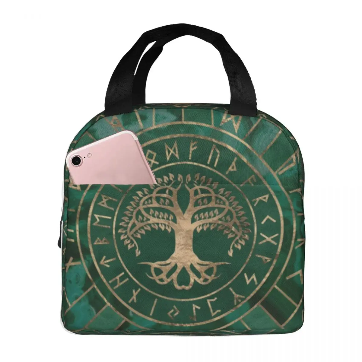 Tree Of Life Yggdrasil And Futhark Malachite Thermal Insulated Lunch Bags Viking Resuable Lunch Tote Multifunction Food Box