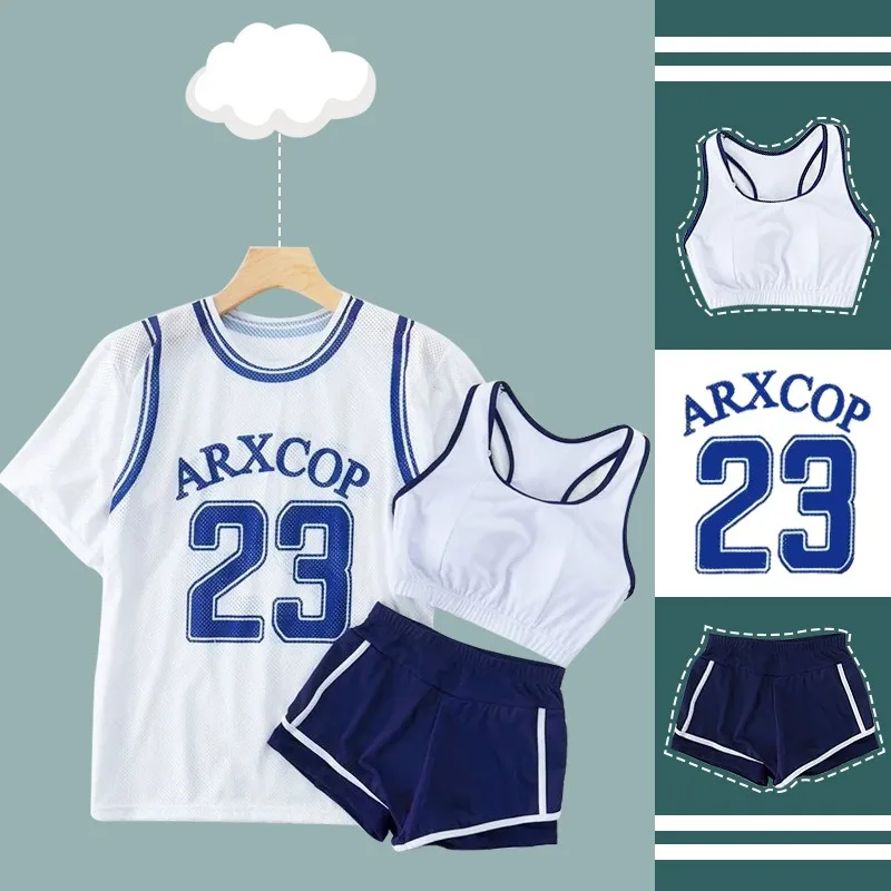 

Женский комплект для плавания из 3 предметов: белая сетчатая футболка-джерси с принтом номера и подходящие плавки-бикини для летнего отдыха на пляже и у бассейна