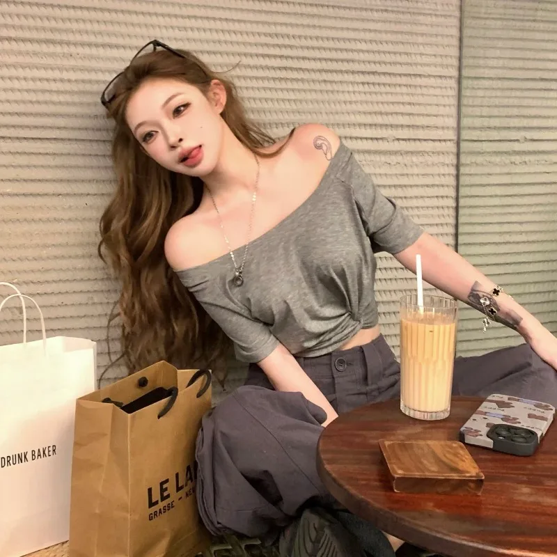 Women's Solid Color Off The Shoulder Short Sleeve T Shirt Casual Twist Front Crop Top