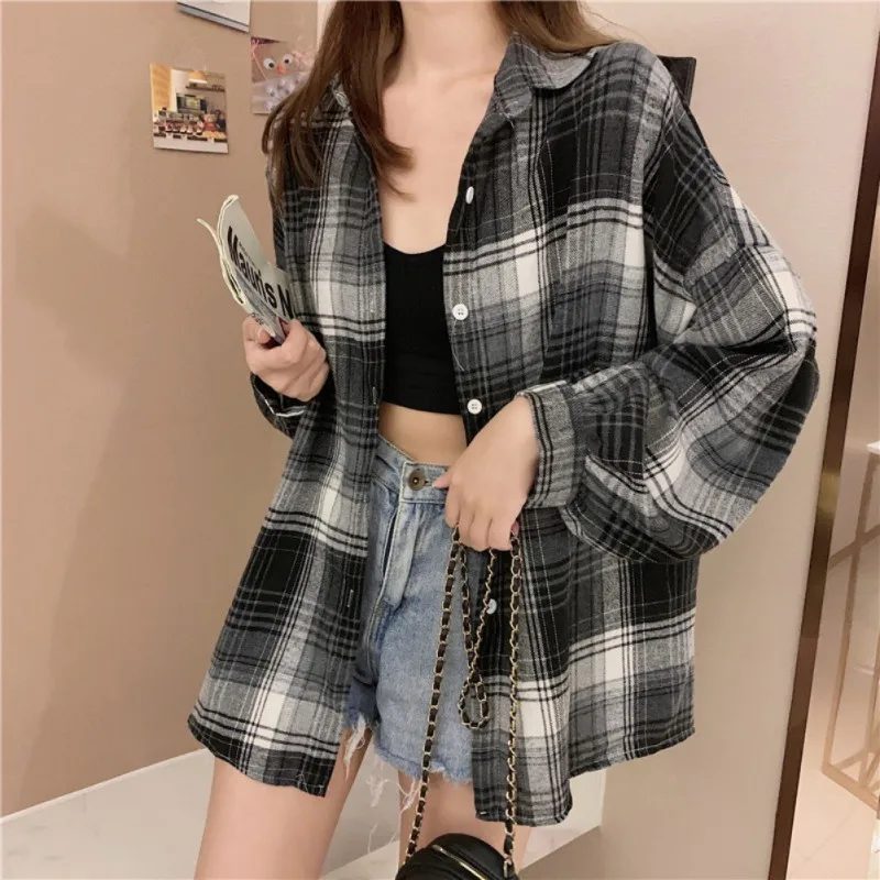 Plaid Shirt Women Summer Sun-proof Long Sleeve Basic Top Female Vintage Blouse Ladies Loose Daily Outwear Check Shirt