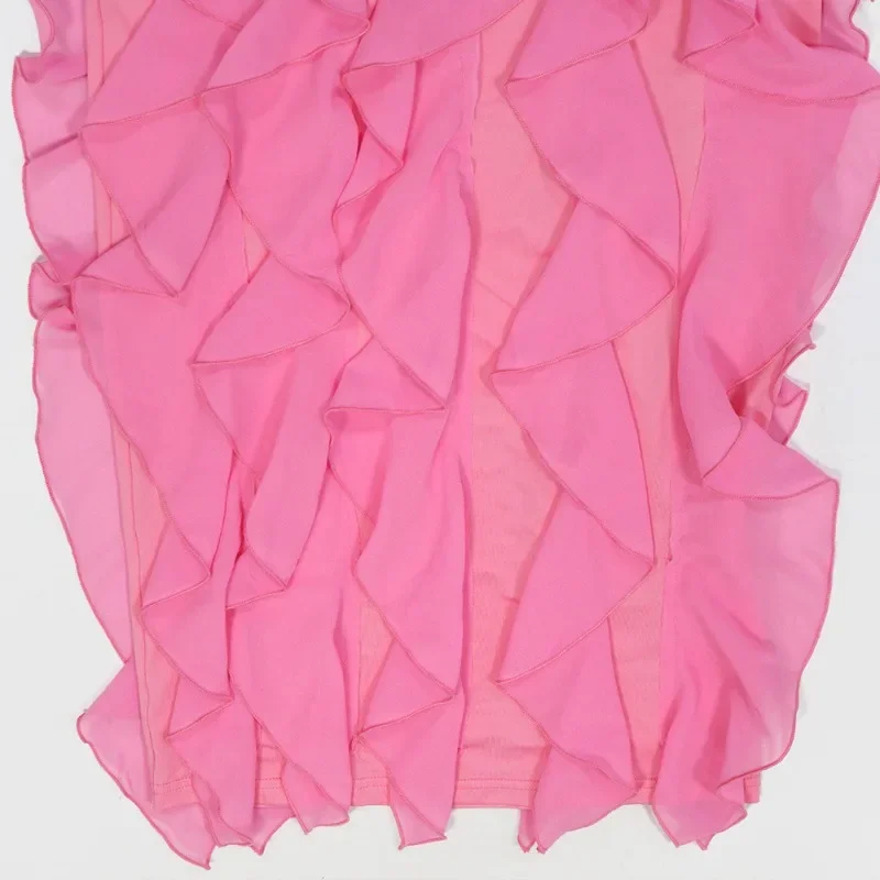 GUWU Letnia Damska Sukienka Midi z Dekoltem w Serek, Marszczeniami, Falbankami, Wycięciami, Obcisła, Bez Rękawów, na Urodziny, Wakacje, Seksowna Sukienka na Imprezę