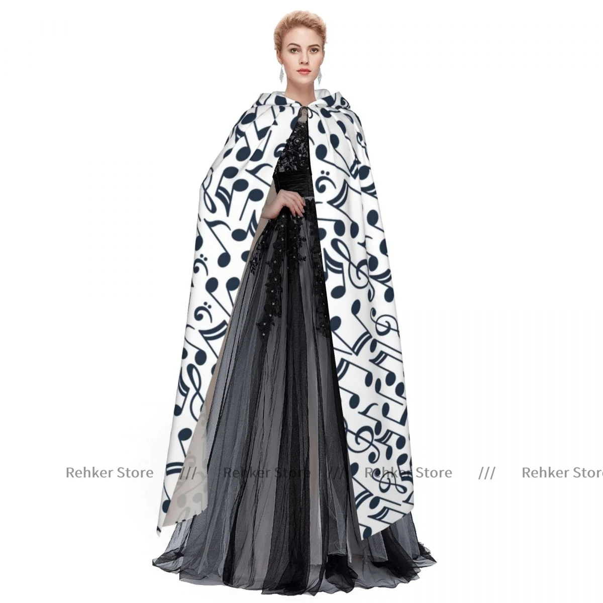 Cosplay Medieval Costumes Black And White Music Notes Hooded Cloak Capes Long Robes Jackets Coat Carnival image 3