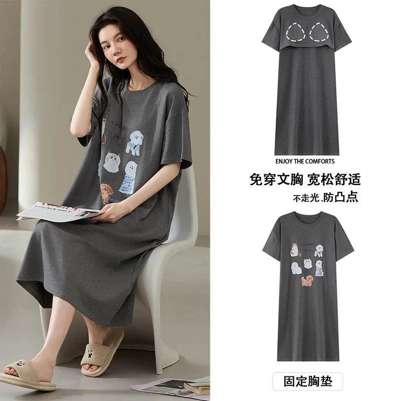

Plus Size Summer Soft Cotton Nightgown with Chest Pad Women Cartoon Pet Short Sleeve Loose Pajamas Dress Can Be Worn Outside