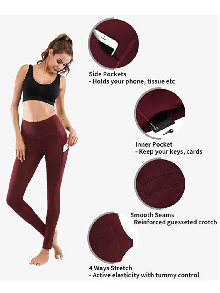 2022 nova cintura alta leggings mulheres empurrar para cima leggins esporte bolsos de fitness execução yoga calças energia elástica sólida