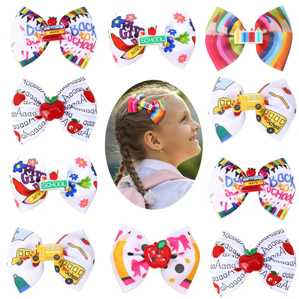 

2PCS Sweet back to school hair bows clip For Girls Cute School Bus Hairpins Ribbon Print Pencil Barrettes Boutique Headwear