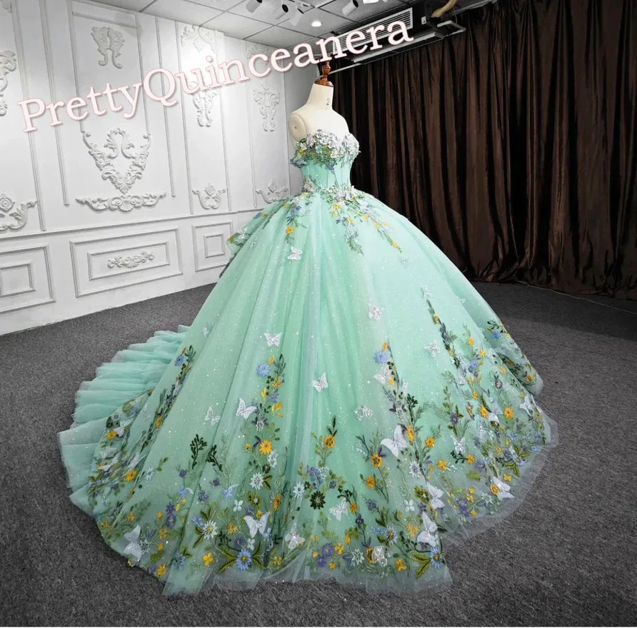 

Beautiful Sage Colorful Embroidered Sparkly Tulle Quinceanera Dress with 3D Butterflies