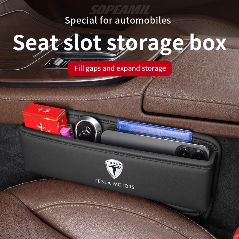 

For Tesla Model 3 Model Y Model S Model X Roadster Cybertruck Leather Car Seat Gap Slot Organizer Seat Crevice Storage Box