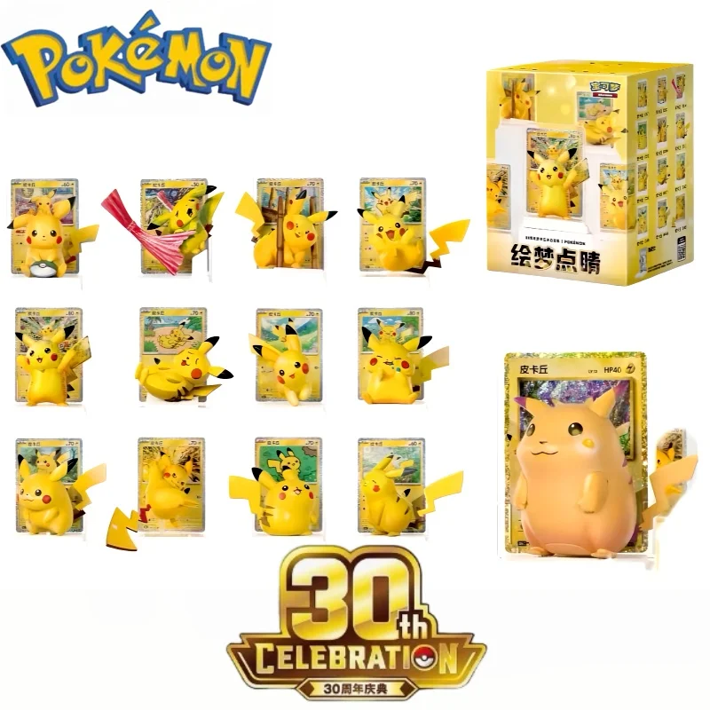 new-pokemon-dreamscape-flourish-30th-celebration-pikachu-figure-set-vol4-series-blind-box-ptcg-promo-card-collection-model-toy