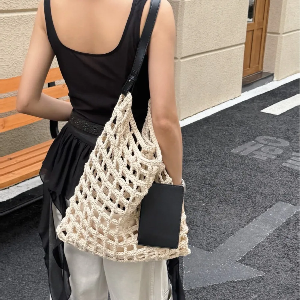 Cotton Rope Woven with Cowhide Hollowed Out Large-capacity Retro Casual Tote Bag Fishing Net Underarm Shoulder Unique Fashion