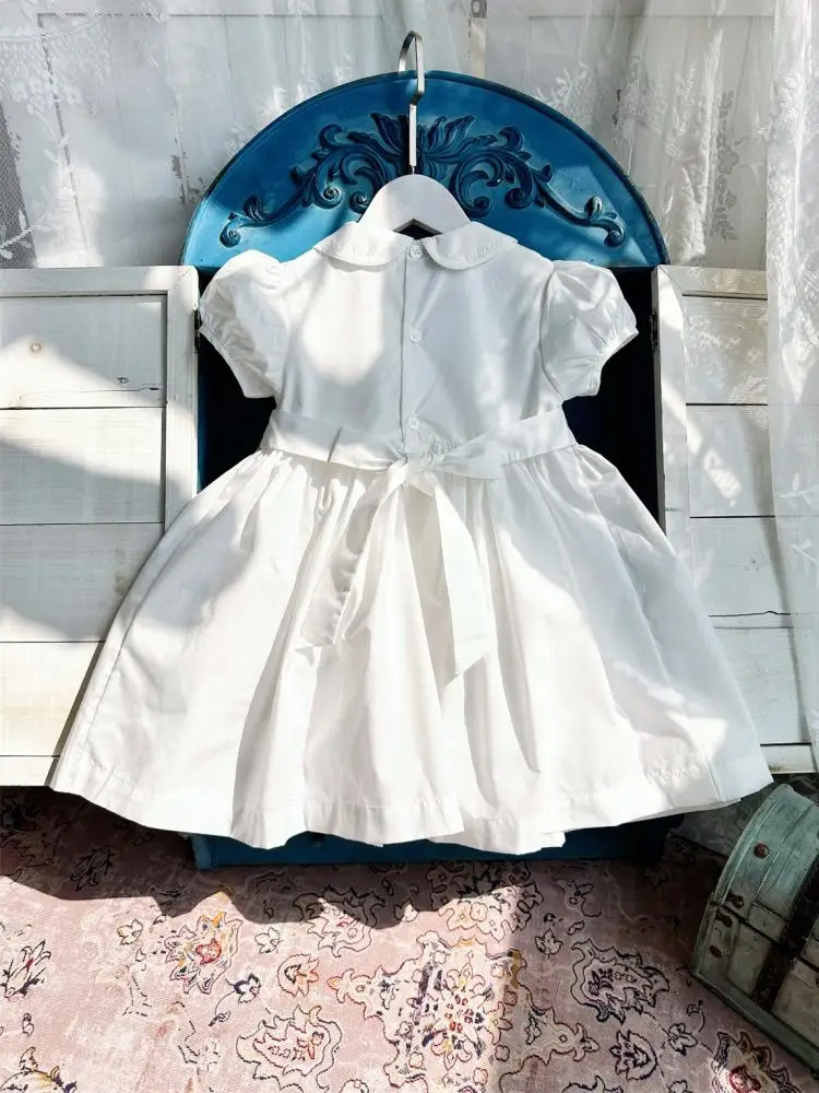 2024 Kids Spanish Dress Girls Handmade Smocking White Dress with Shorts Baby Smocked Clothes Children Birthday Baptism Frocks