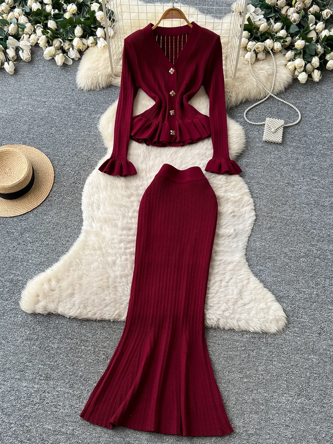 High Waist Knitted Set Women's Autumn Fashion Sense Sleeveless Top And Half Skirt Two-Piece Set Ladylike Gored Skirt