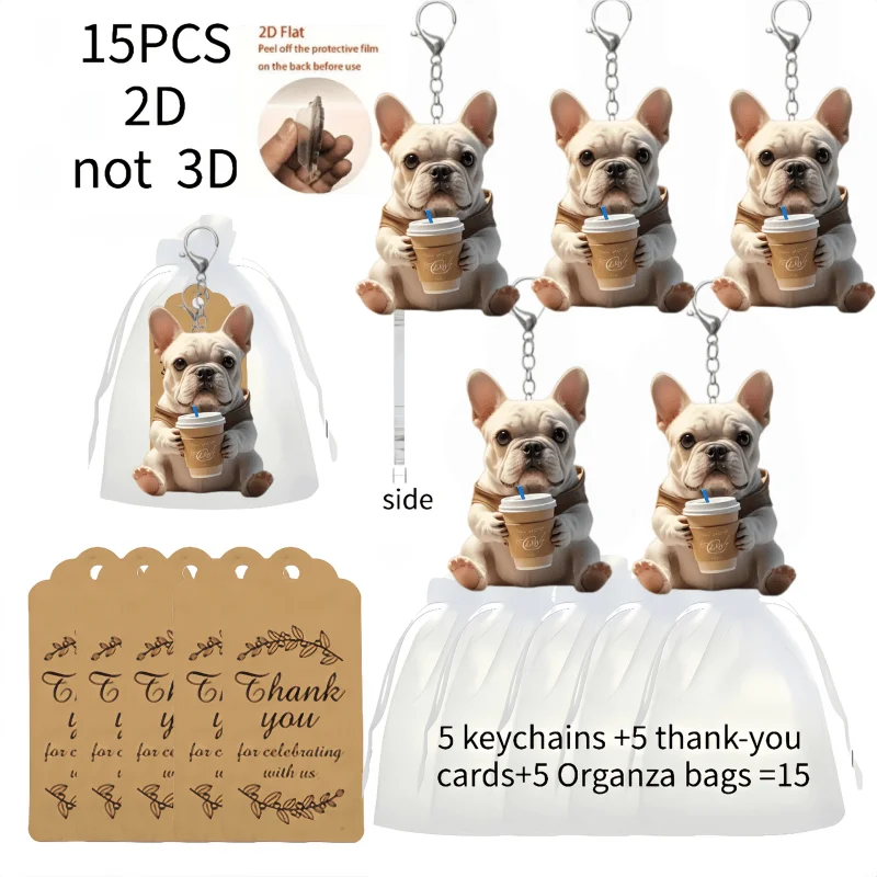 5sets Cute French Bulldog Keychain Includes 2D Acrylic Pendant & Thank You Cards & Gift Yarn Bags Backpacks Car Keys Decoration