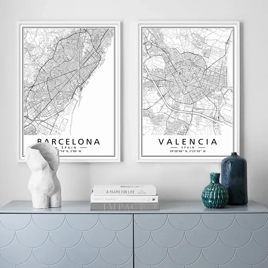 Pósteres minimalistas en blanco y negro con mapas de ciudades de España, carteles modernos de Marida Barcelona, pinturas en lienzo, imágenes, decoración para sala de estar