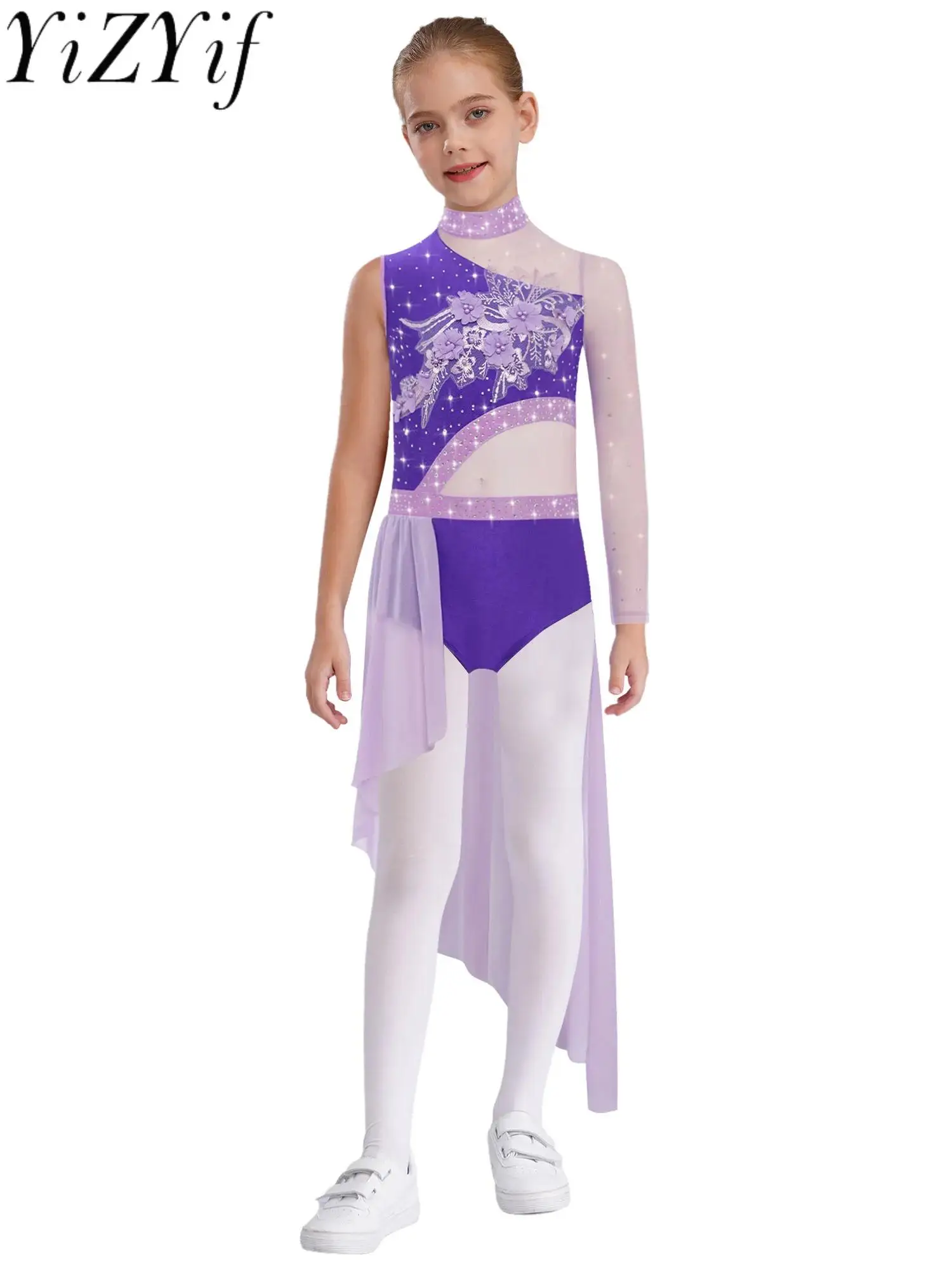 

Applique Lyrical Ballet Stage Performance Leotard Kids Girls Stylish Sleeve Sheer Mesh Skirt Cover Leotard for Ballet Dance Wear