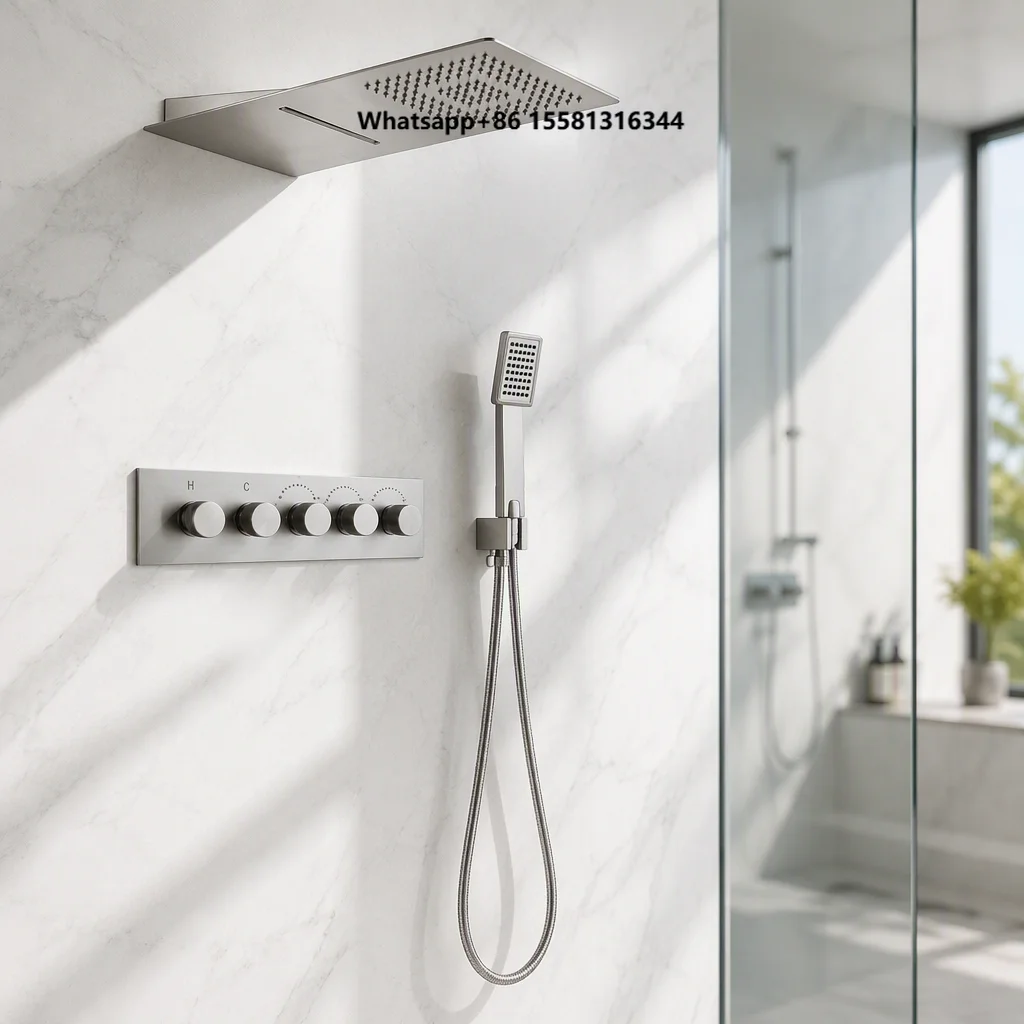 304 Stainless Steel Brushed Nickel Modern Dual Handle Shower System Rainfall Shower Head Concealed Valve Shower Faucet Set 5