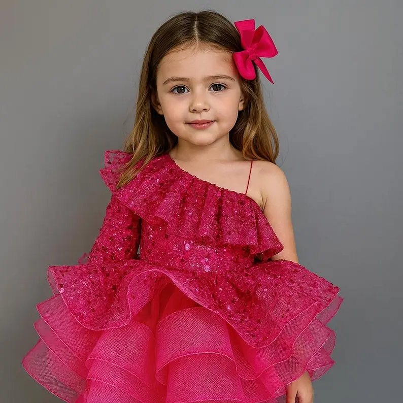 Flower Girls Dress Fuchsia Sequin One-Shoulder Girls Dress: Tulle Bow Party Gown for Wedding Party
