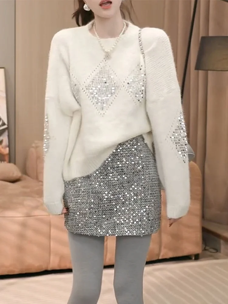 

Ladies' Lazy Sle Knitted Sweater round Ne Heavy Work Sequin Loose Fit Autumn Winter New Arrival Faion Ele Women's Top