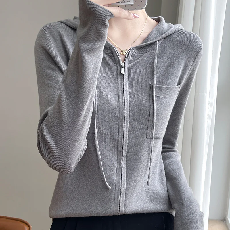 Women's Wool Knitted Hoodie, Long Sleeves, Knitwear, Korean Style, Autumn/Winter 2024, Top, Zipper, Pockets