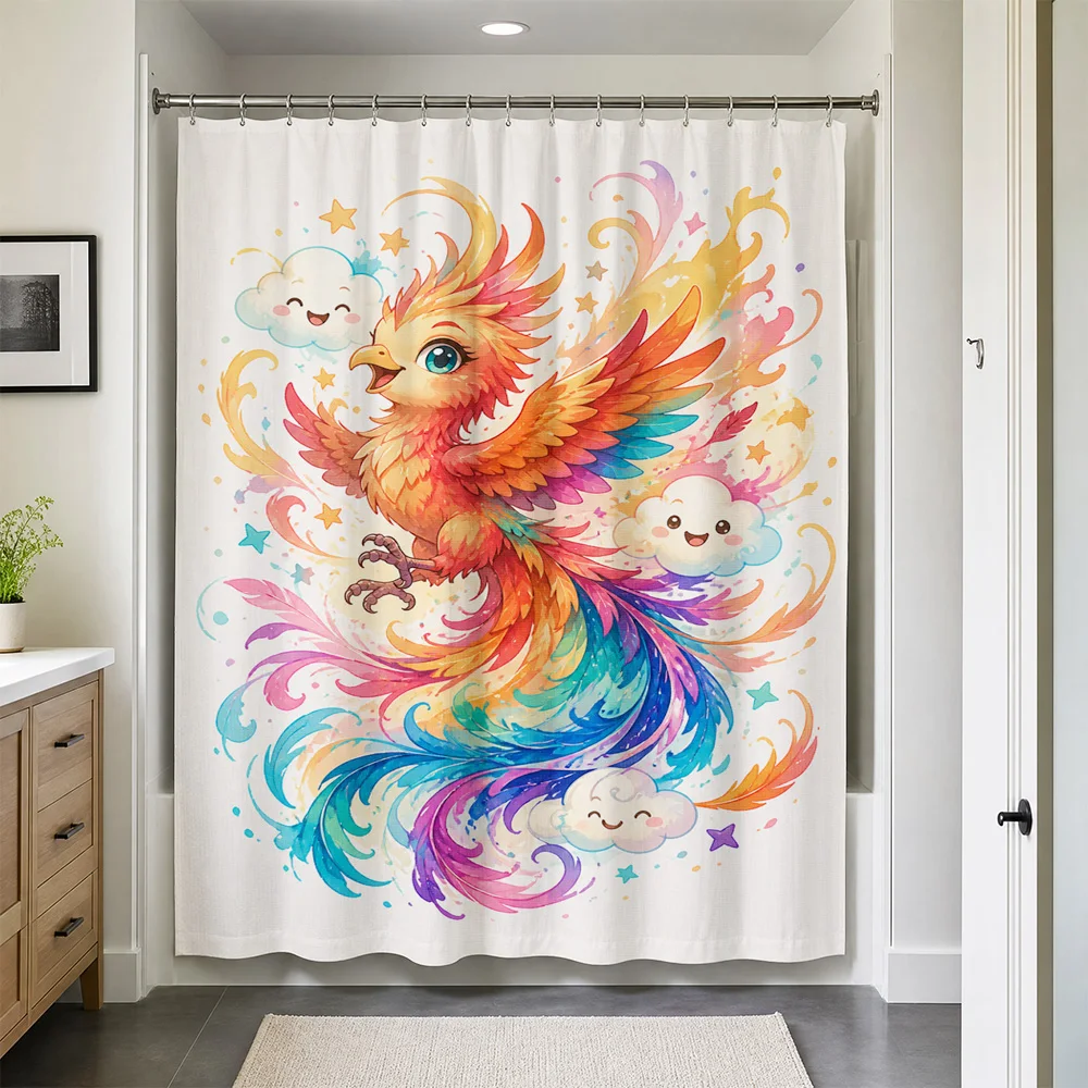 Cute Colorful Phoenix Shower Curtain Waterproof Bathroom Shower Liner Decor Cartoon Kids Aesthetic Tropical Design