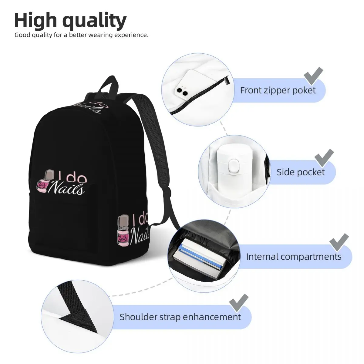 I Do Nails Fingernail Manicure Studio Student Backpack School Bag Hiking Travel Daypack for Boys Girls Bookbag Shoulder Bags