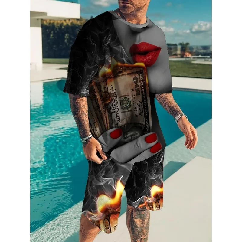2025 Summer Fashion Trend Street Polyester Fiber Wear Daily 3D Pattern T-shirt Shorts Set Casual Men's Outdoor Sports