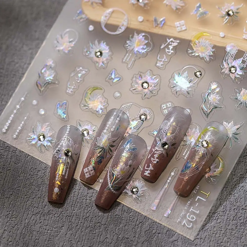 Shell Light Diamond Flower Nail Stickers Rhinestone Manicure Ornaments Diamond Flower Nail Decals Blue Nail Accessories