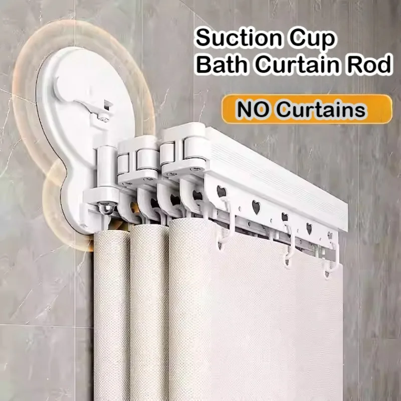 Double Suction Cup Bath Curtain Folding Invisible Rod NO CURTAINS Creative Heart Hole No Punching Toilet Shower Curtain Holder