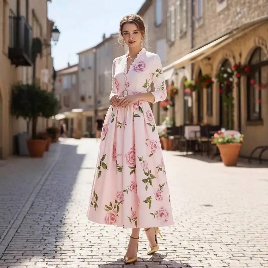 

Vintage Pink Rose A-Line Midi Dress With V-Neck, Long Sleeves, And Removable Waist Cincher, Elegant Floral Women’s Gown
