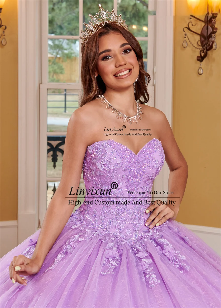 Gaun pesta putri ungu putri Lavender gaun Quinceanera gaun manik-manik applique renda bunga Vestidos De 15 Anos manis 16th Dres