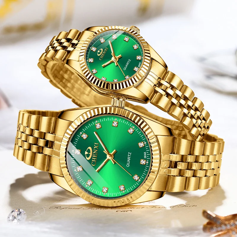 CHENXI 004A Lover Quartz Watches Fashion Business Stainless Steel Gold Watch Men Classic Waterproof Clock For Women Couple Gifts