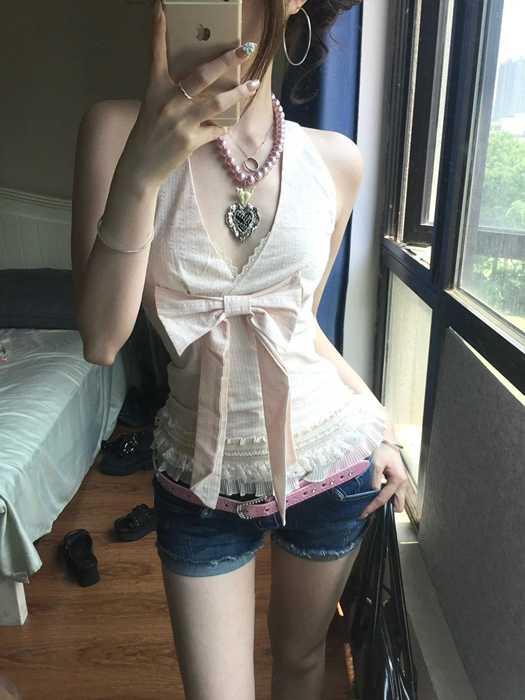 Pink V-Ne Hanging Ne Strap Vest Women Summer  Knot Svel Slimming Beautiful Ba Sexy Top Trendy Street Sle