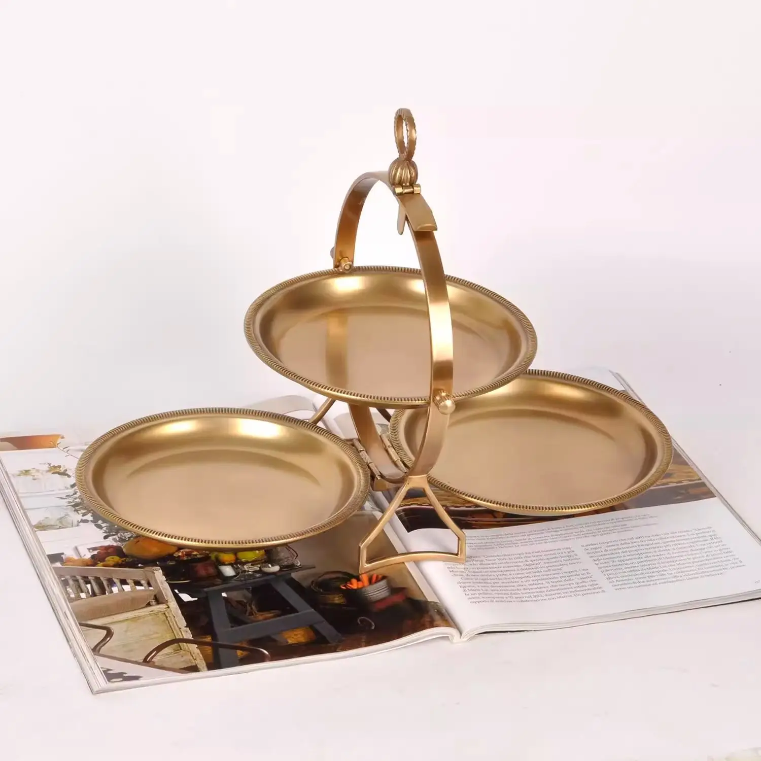 Brass fruit plate cake rack, foldable three-layer coffee table candy plate, high-end ornament