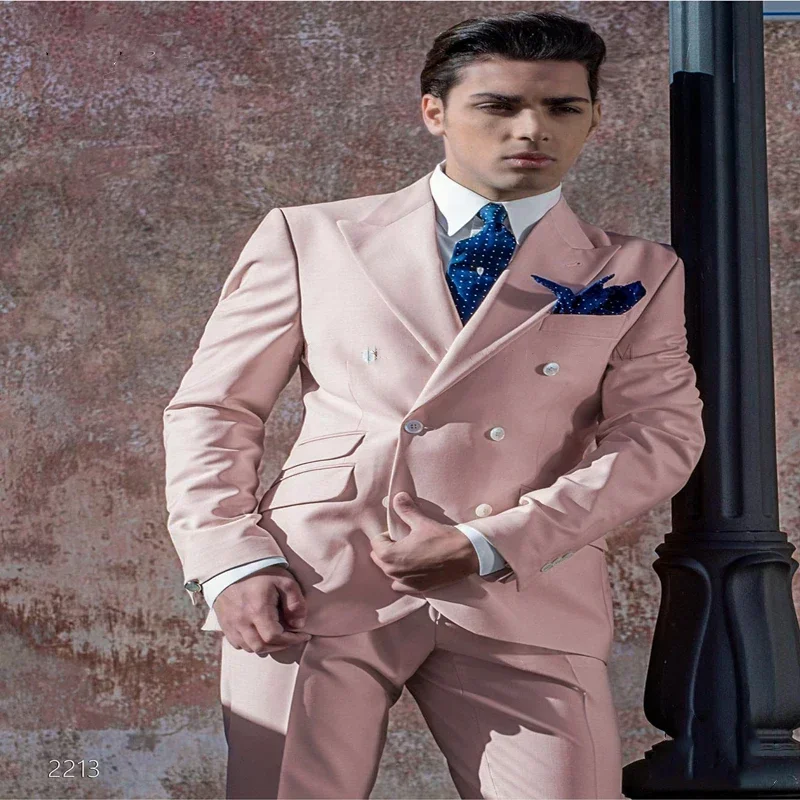 

Elegant Pink Casual Men Suit Groom Tuxedo Prom Slim Fit Blazer Hombre Double-breasted High Quality Business Custom Costume Homme