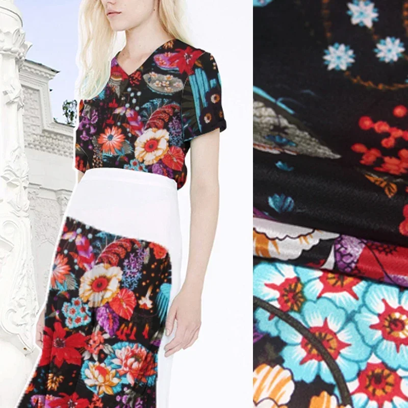 

110CM Wide 89G/M Floral Print Black White Silk Crepe de Chine Fabric for Summer Dress Shirt Scarf Cheongsam Skirt Pant Suit C023