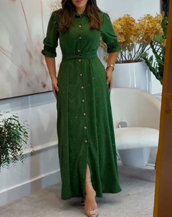 Damen-Hemdkleid mit Strass-Revers und Krawattendetail, modisches Freizeitkleid, 2025, Sommer neue Damenbekleidung