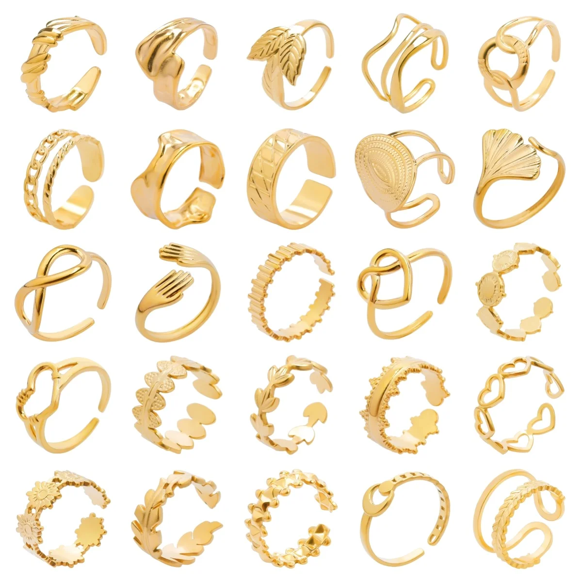 

5pcs Classic Irregular Geometry Real Gold Plated Stainless Steel Ring Ginkgo Leaves Hollow Out Rings For Women Men Wedding Gift