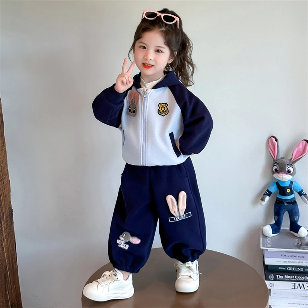 

Disney Cartoon Rabbit Girls' Jacket 2piece Set Autumn Fashion Hooded Long Sleeve Outwear Coats Elastic Waist Loose Long Pants